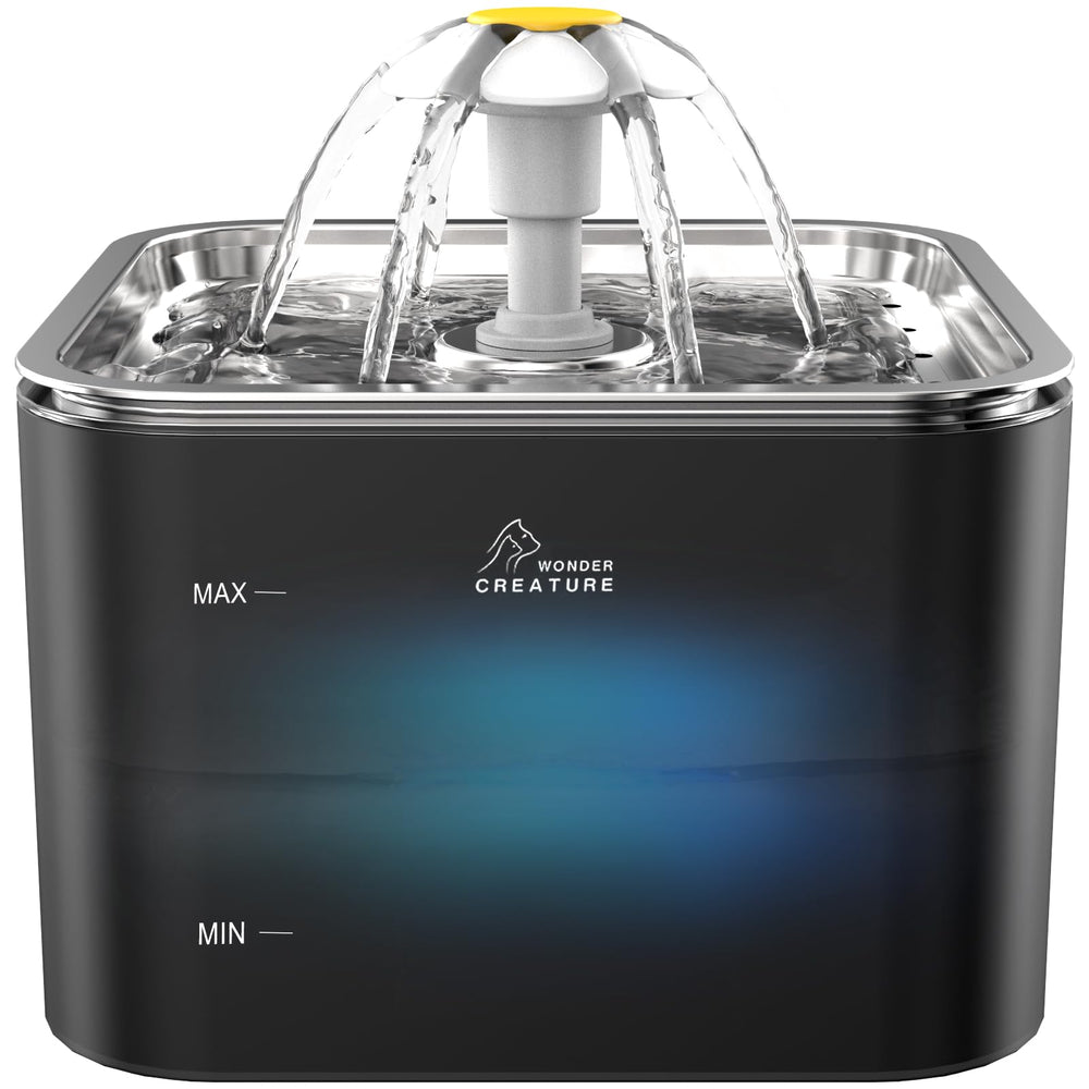 Wonder Creature crystal cat water fountain with stainless lid shows clean hydration for pets