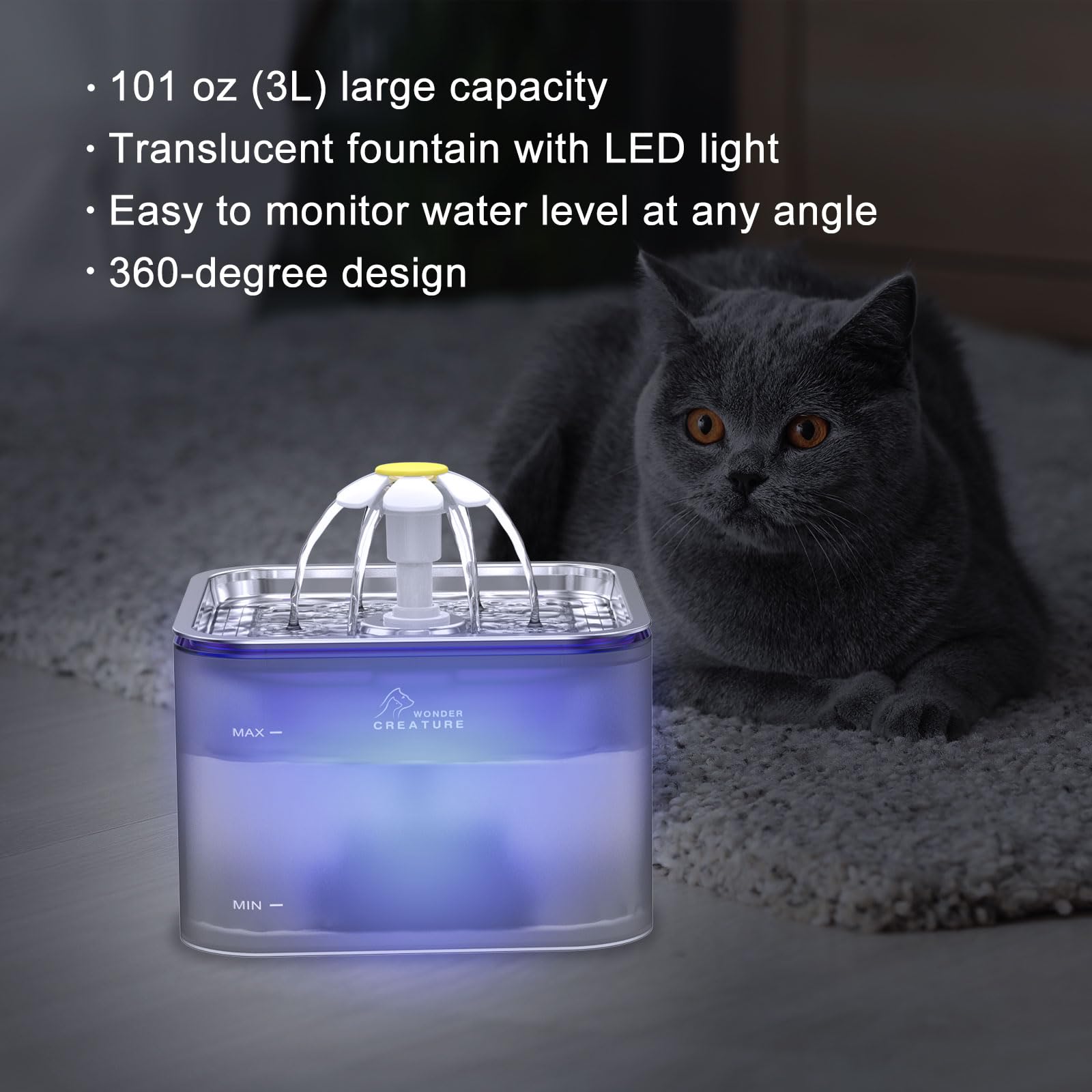 Wonder Creature Crystal Cat Water Fountain transparent base for quick water level checks.
