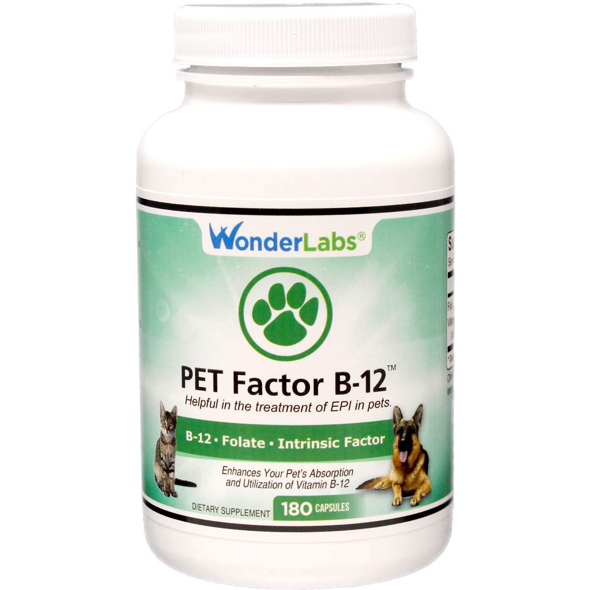 Wonder Laboratories Pet Factor B-12 bottle close-up highlighting methylcobalamin formula for dogs.