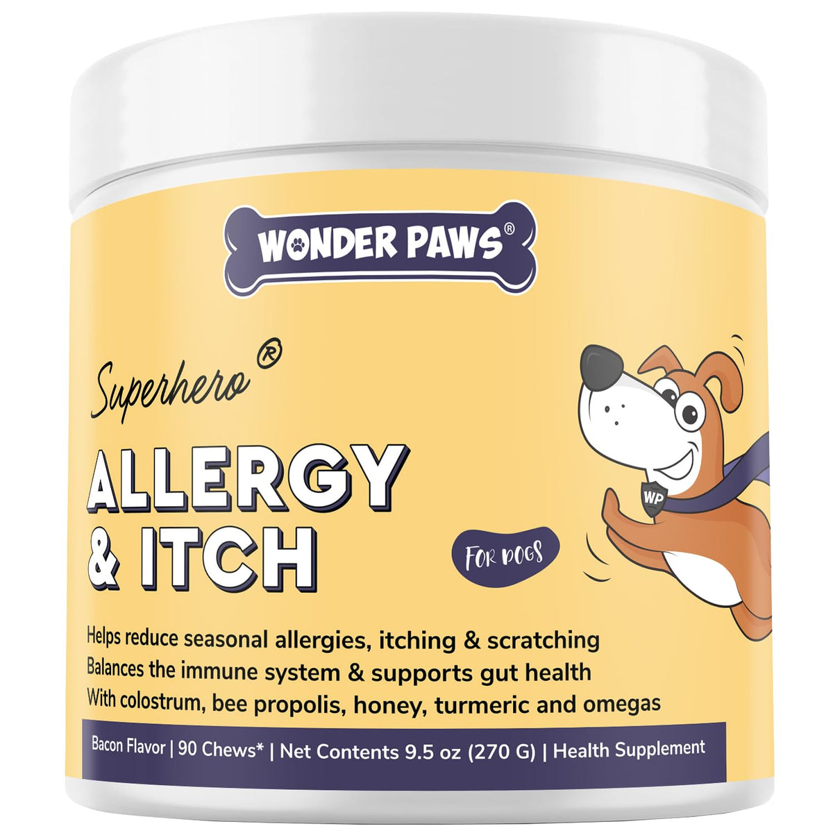 Wonder Paws bacon-flavored chews in a jar for itchy skin support.