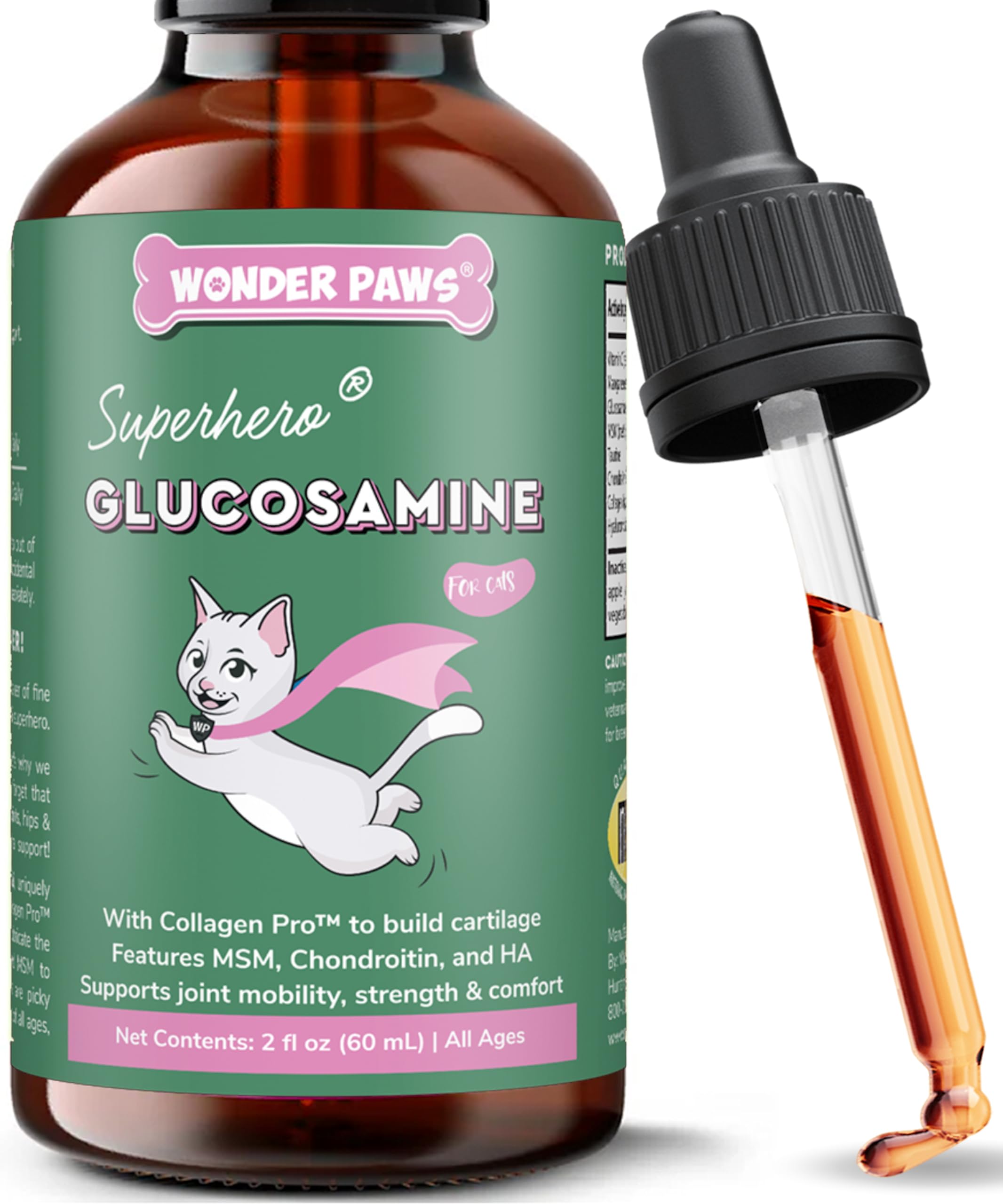 Wonder Paws cat glucosamine liquid bottle with dropper for easy dosing and joint support.