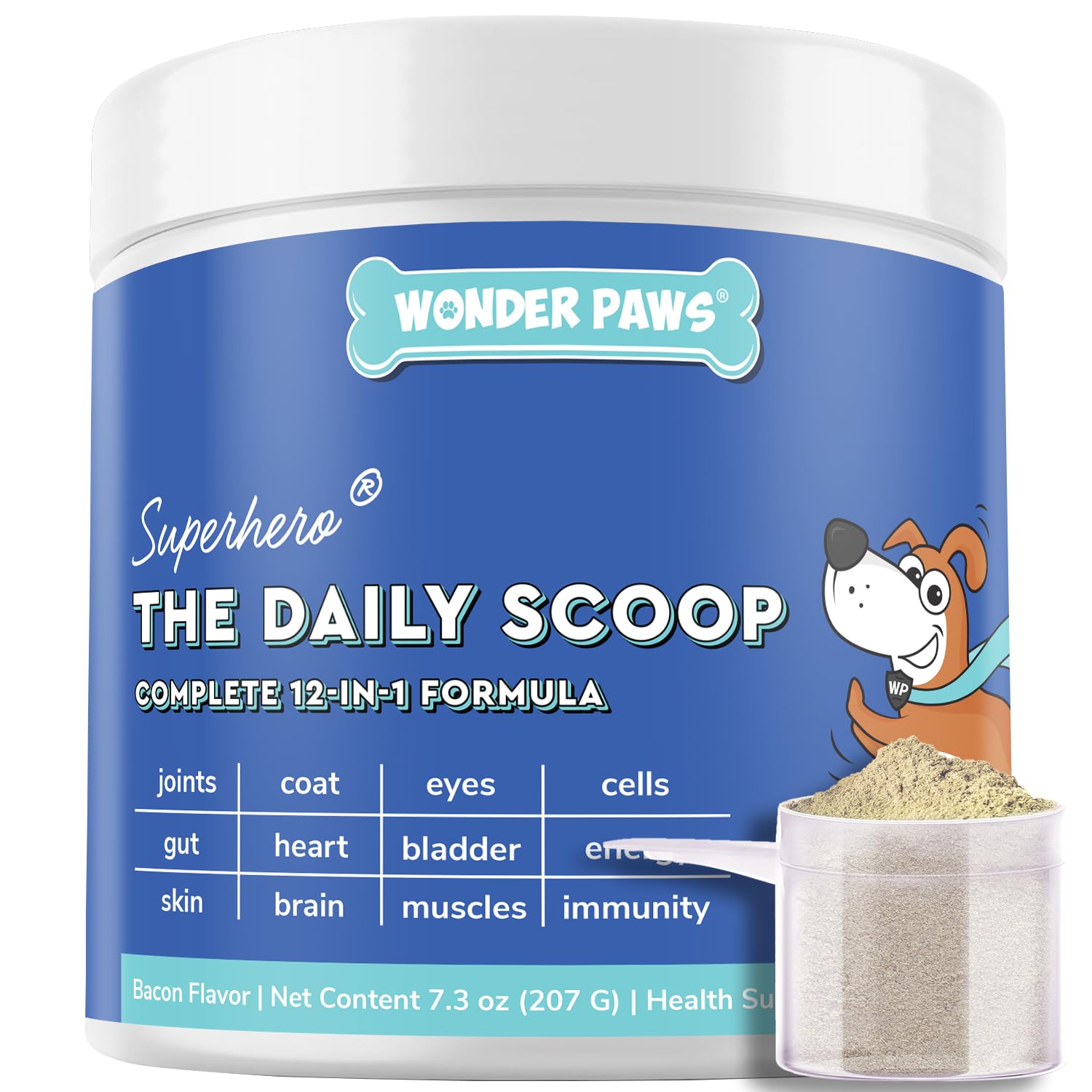 Wonder Paws Daily Scoop bottle ready to top dogs' meals for daily wellness