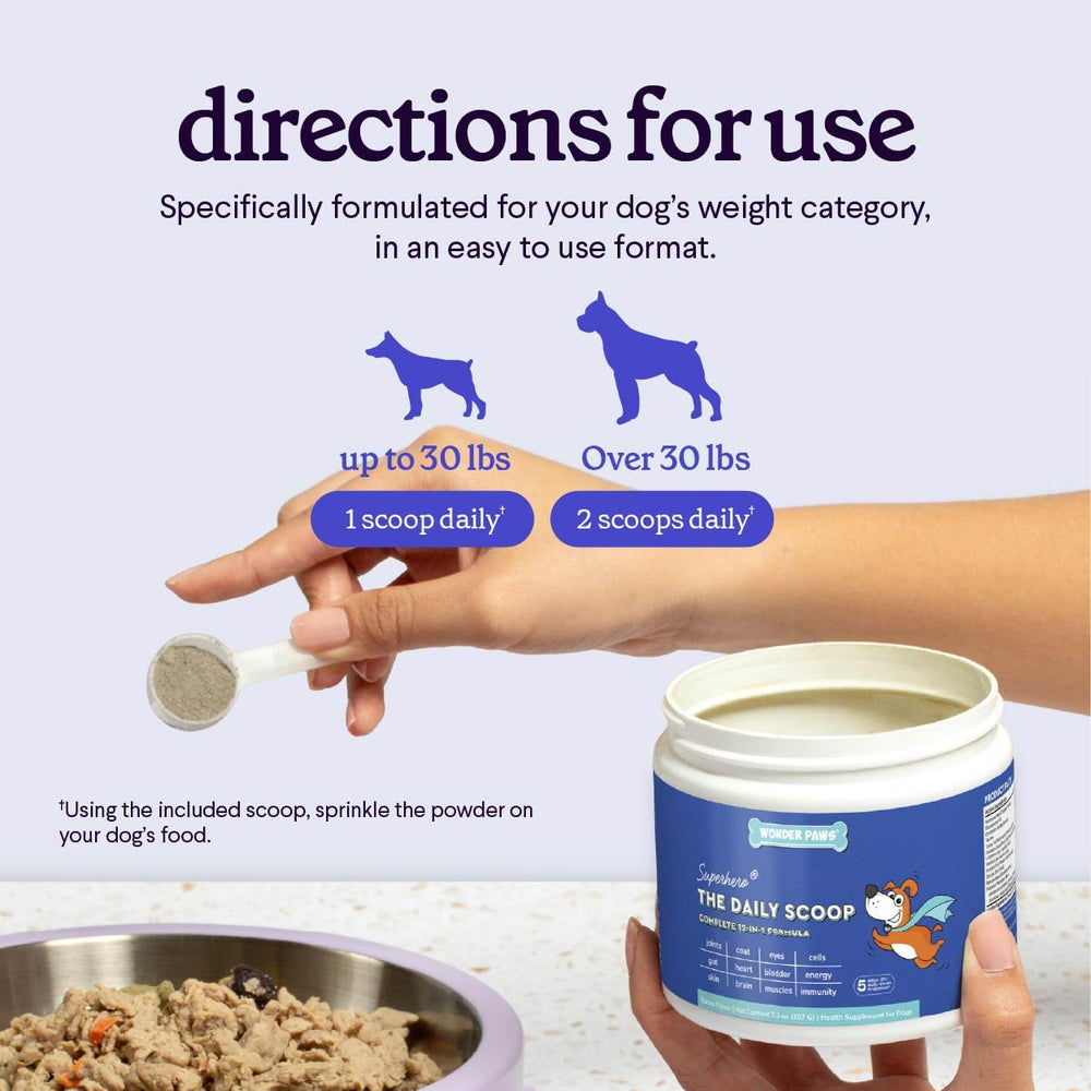 Sprinkling Daily Scoop onto dog food demonstrates easy daily use