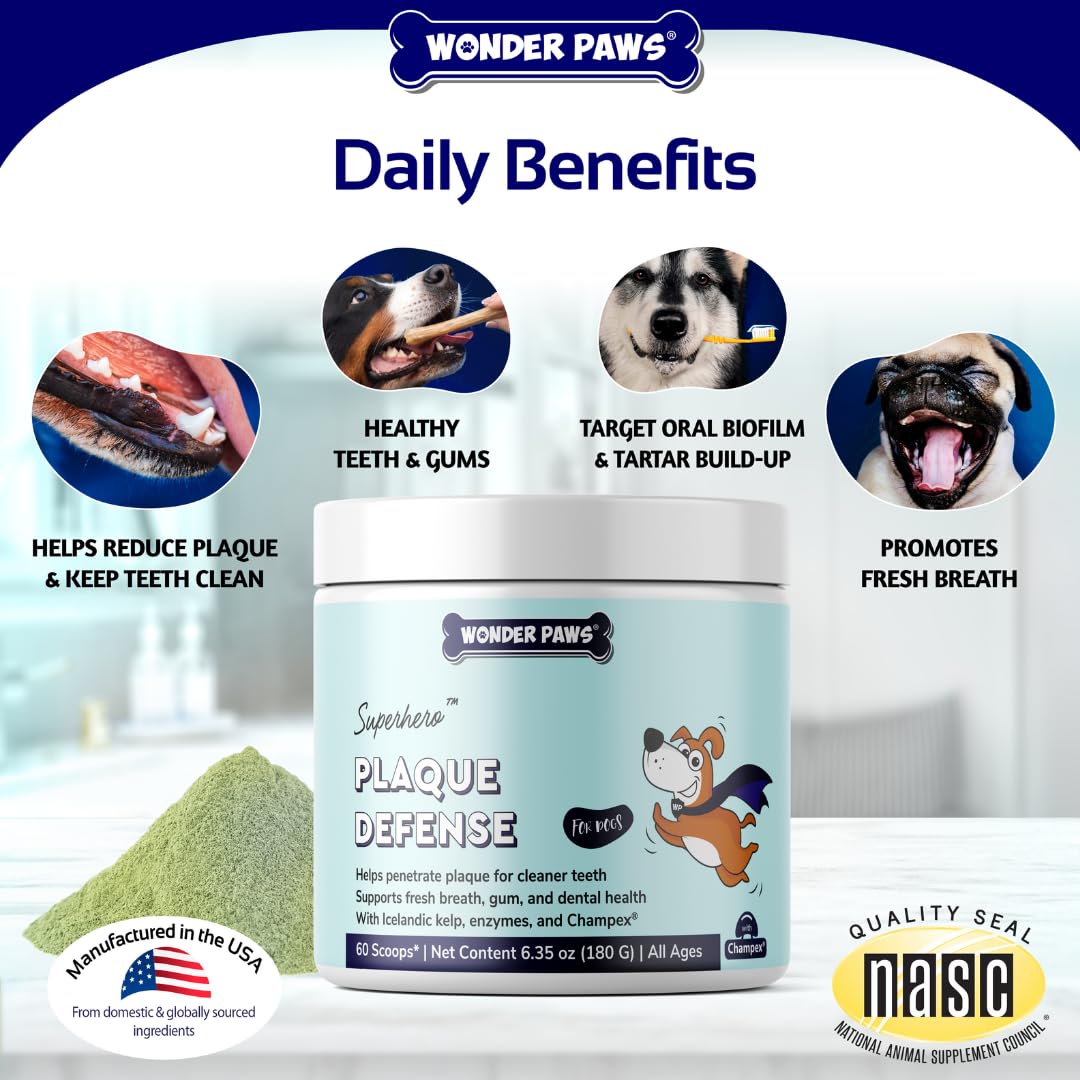 Wonder Paws dental powder helps maintain gum health and breath.