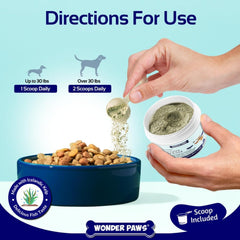 Wonder Paws dental powder sprinkled in dog bowl during meals.