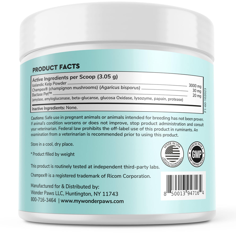 Wonder Paws dental powder highlights Icelandic kelp ingredient for natural care.