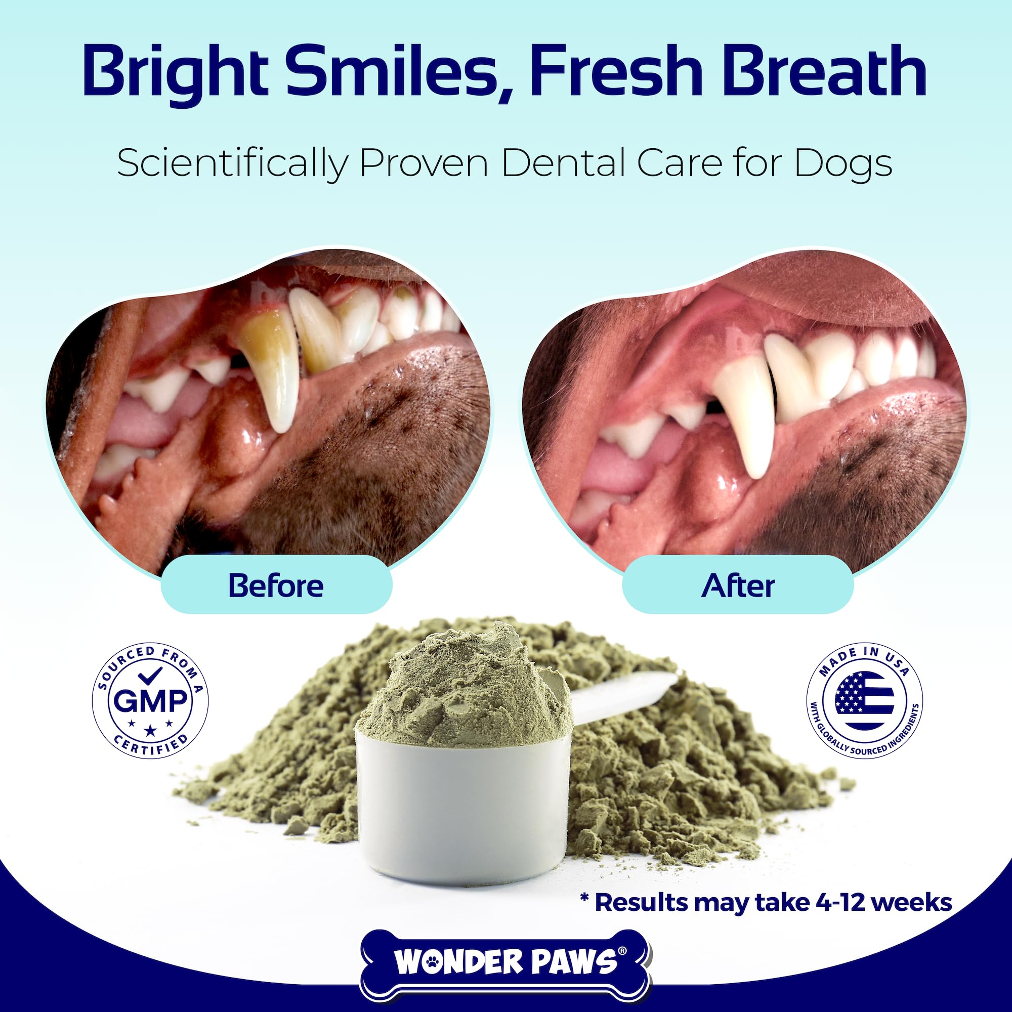 Wonder Paws dental powder scoop in food for fresh breath support.