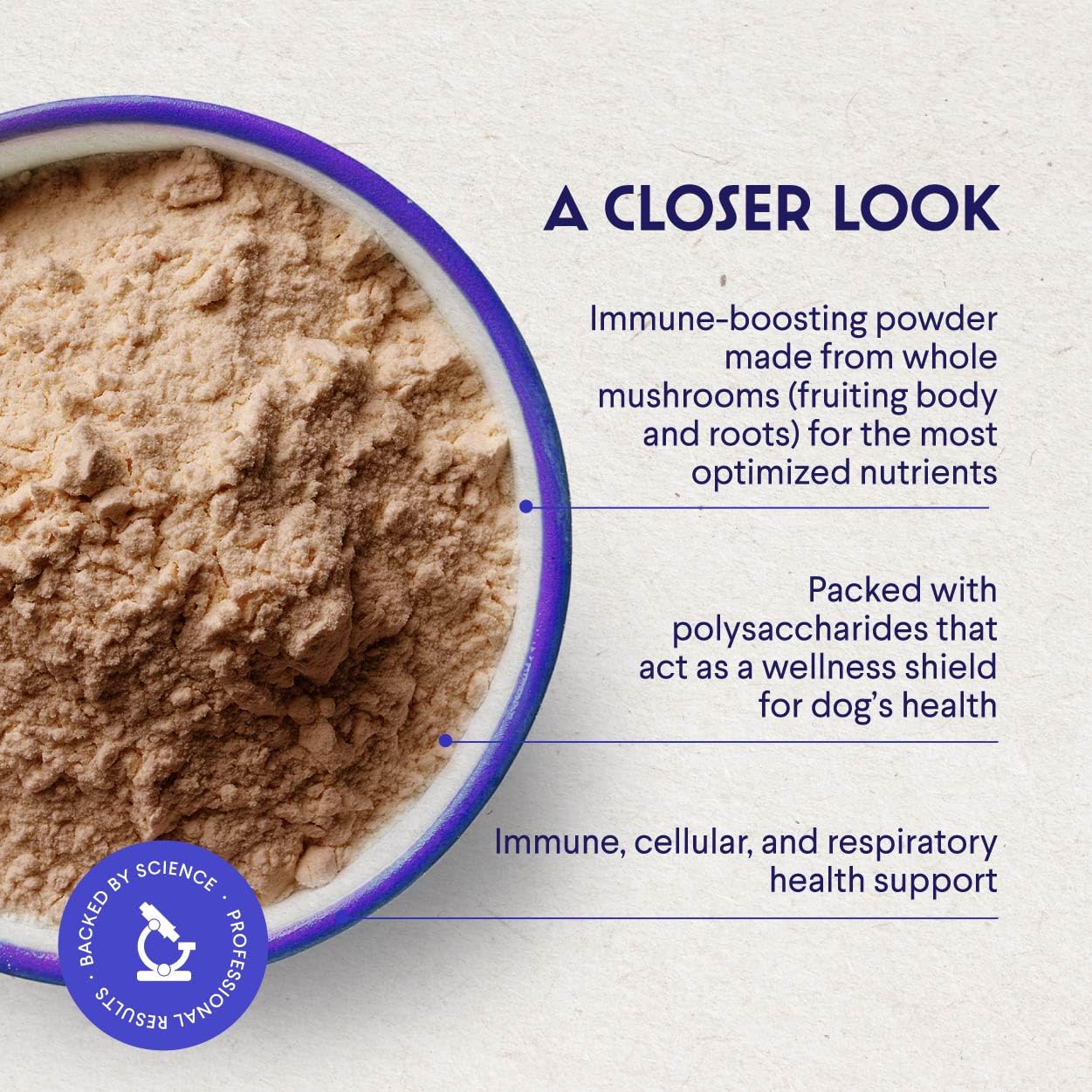 Wonder Paws turkey tail powder sprinkled on dog food for daily wellness.