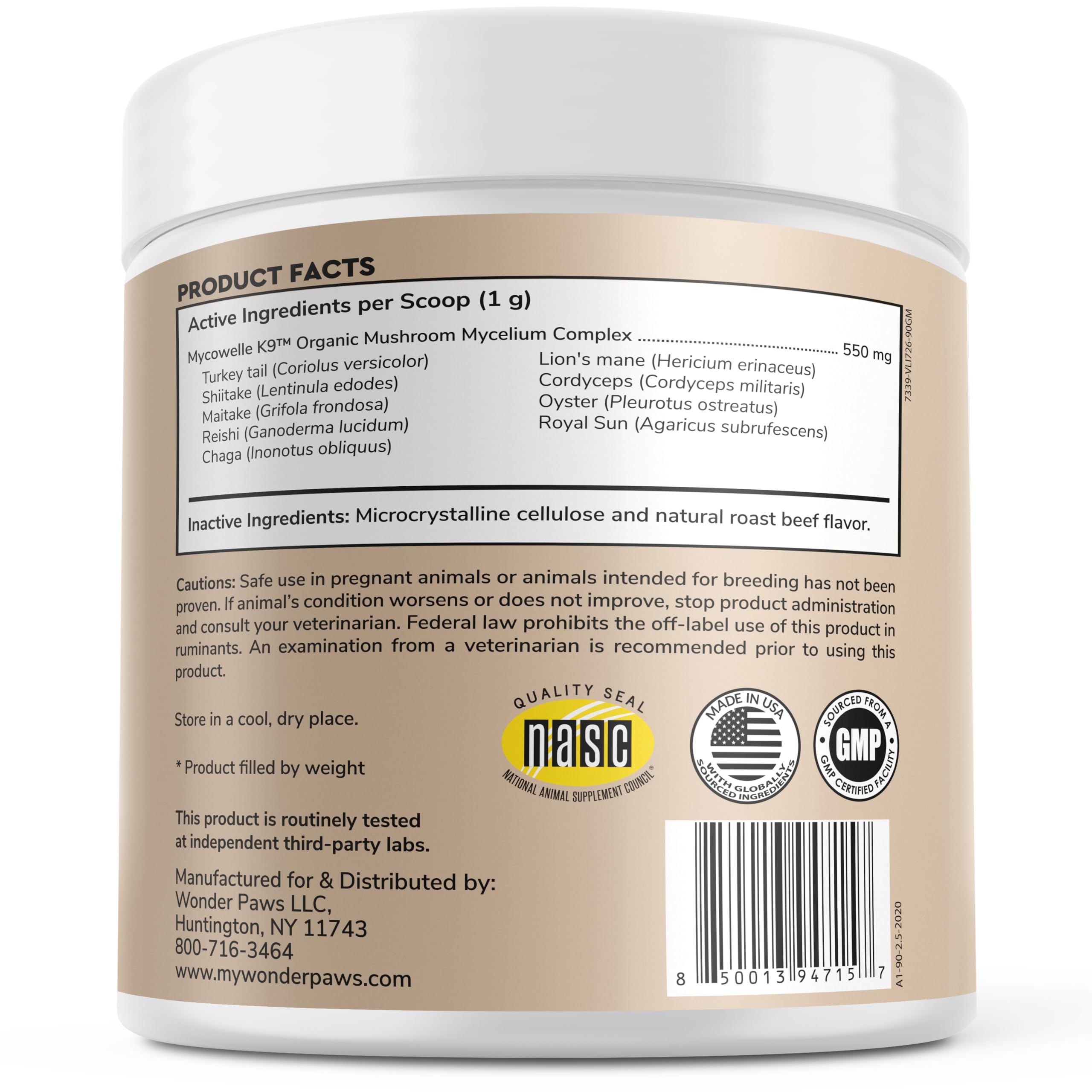 Wonder Paws dog supplement powder with mushrooms and scoop for easy daily mixing.