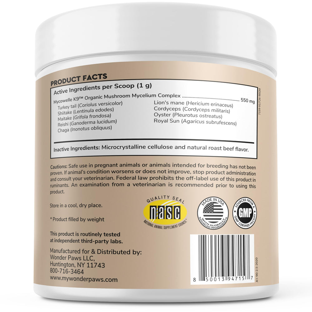 Wonder Paws dog supplement powder with mushrooms and scoop for easy daily mixing.