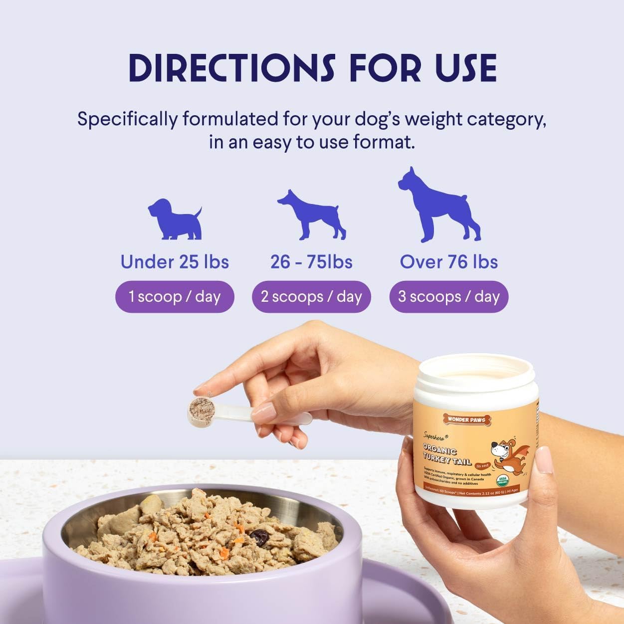 Wonder Paws dosing scoop beside dog food for easy mixing into meals