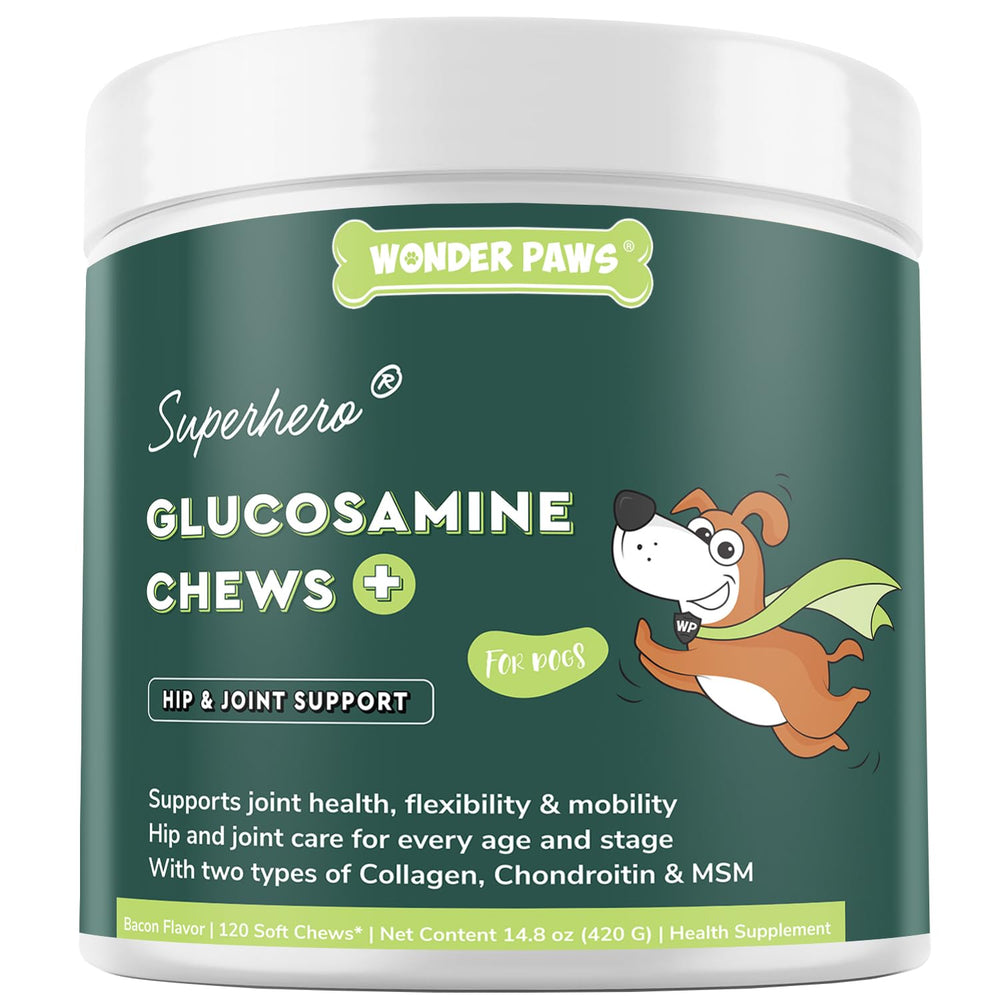 Wonder Paws glucosamine for dogs chews bottle close-up showing joint support.