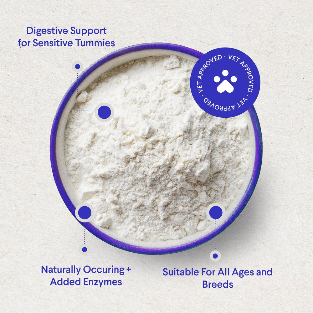 Wonder Paws goat milk powder suitable for all ages and sizes.