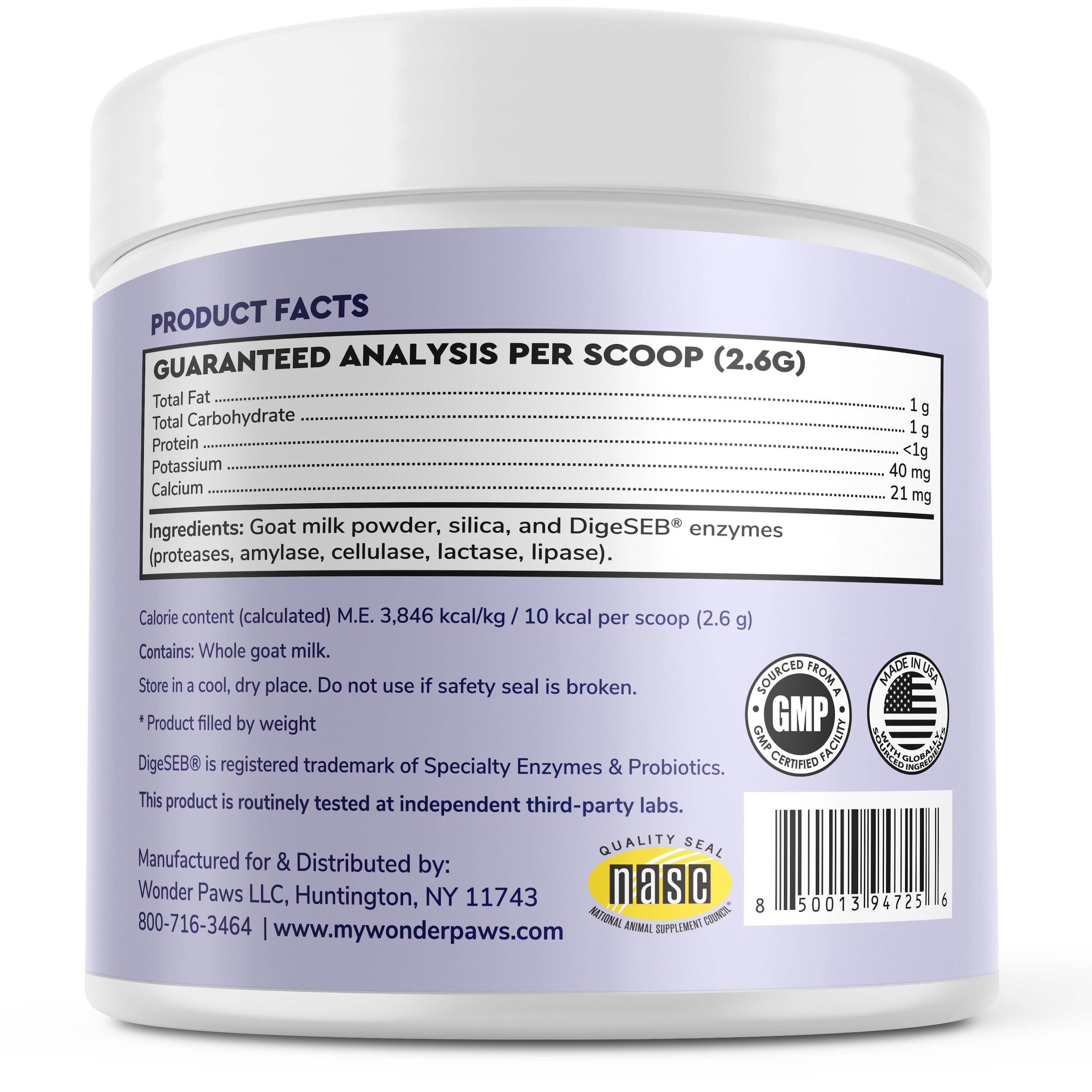 Wonder Paws goat milk powder made with human-grade ingredients.