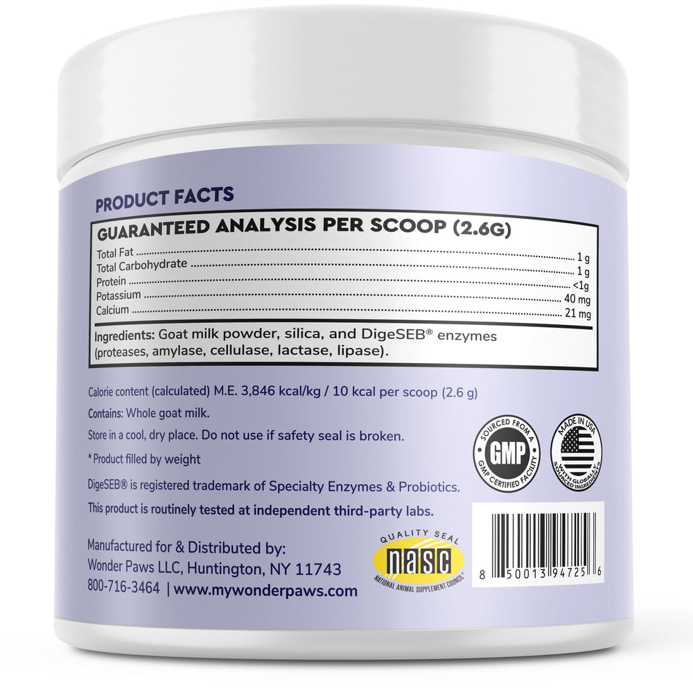 Wonder Paws goat milk powder made with human-grade ingredients.