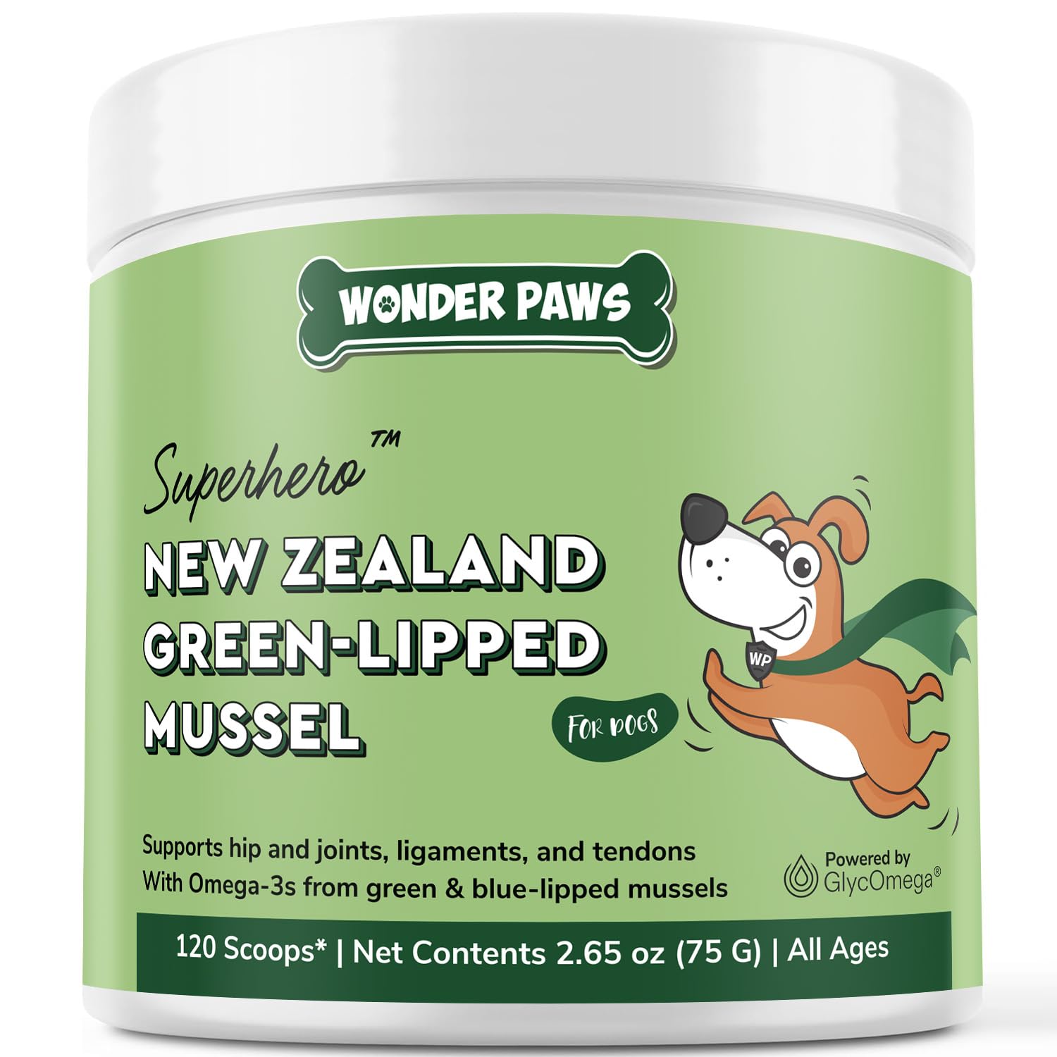 WONDER PAWS green lipped mussels powder bottle for dogs supports joint mobility