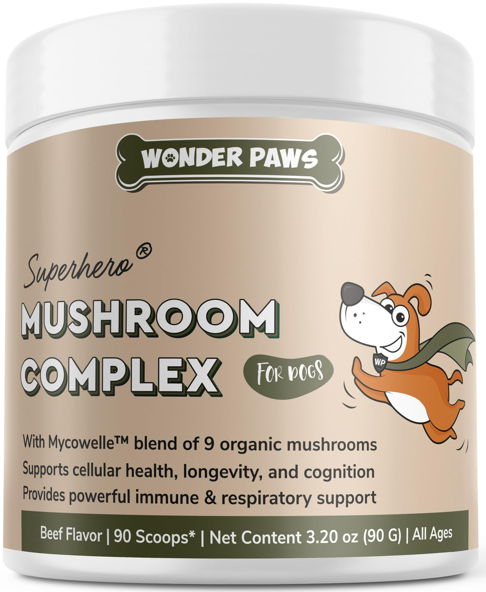 Wonder Paws immune mushroom powder bottle for dogs supports canine vitality.