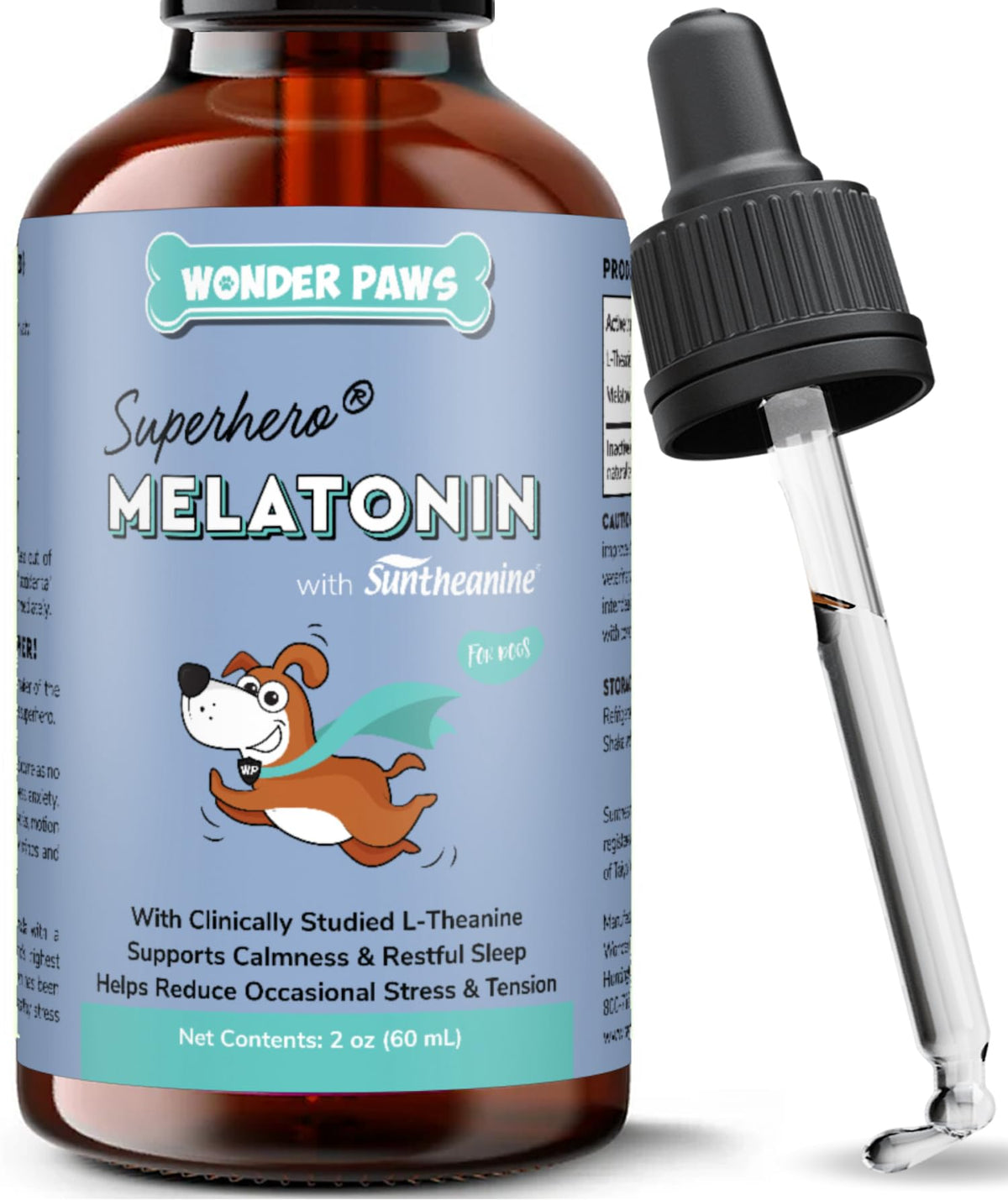 Wonder Paws melatonin for dogs bottle with dropper for easy dosing