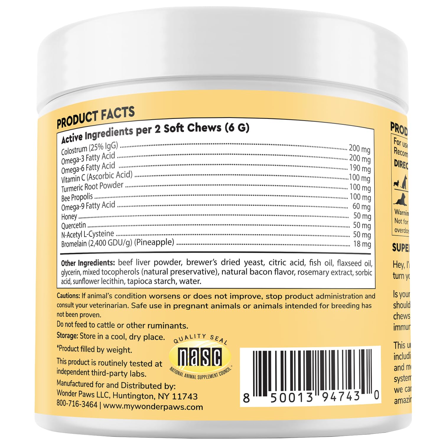 Wonder Paws NASC-certified label on a tidy supplement bottle.