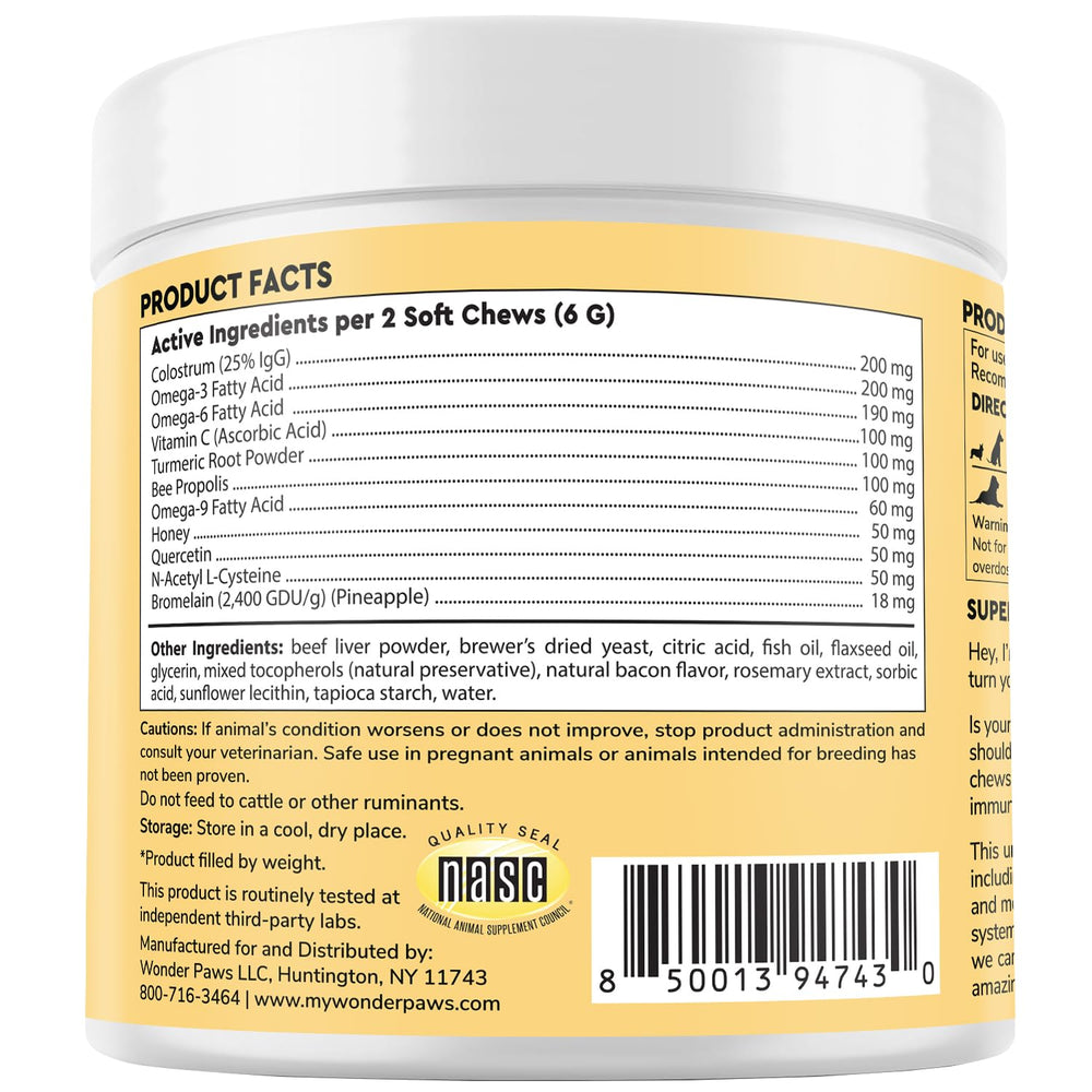 Wonder Paws NASC-certified label on a tidy supplement bottle.