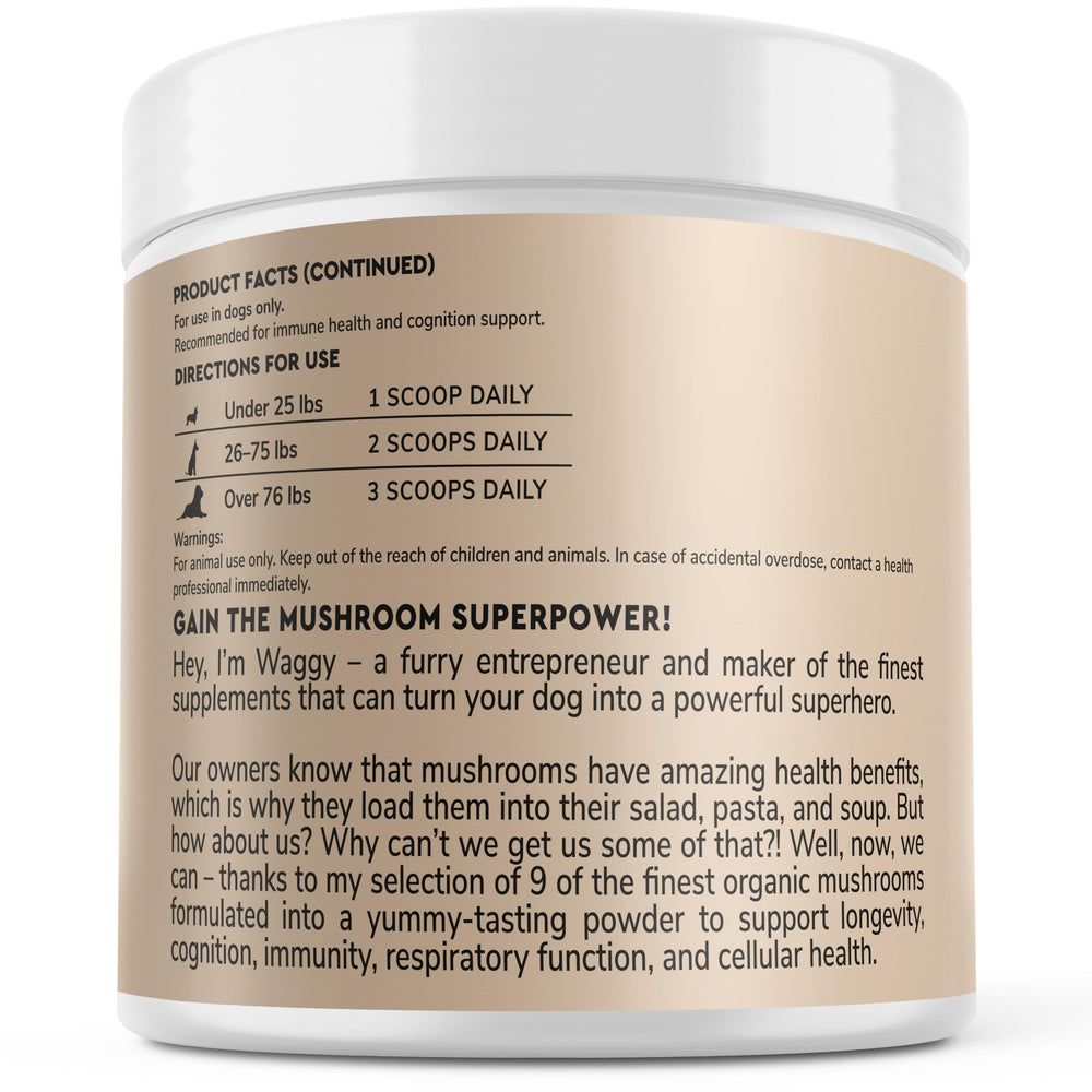 Wonder Paws nine-mushroom blend label featuring premium ingredients for canine wellness.