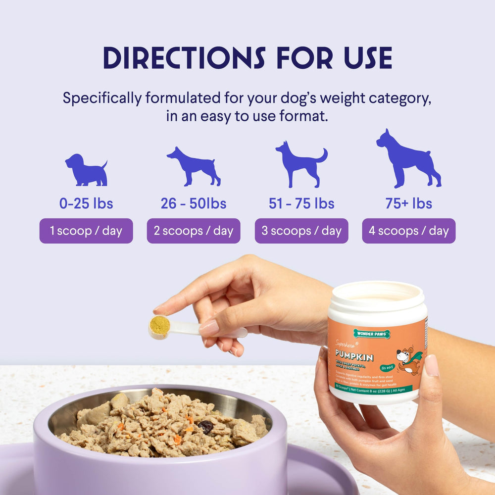 Wonder Paws Organic Pumpkin for Dogs includes apples, sweet potato and enzymes for gut health.