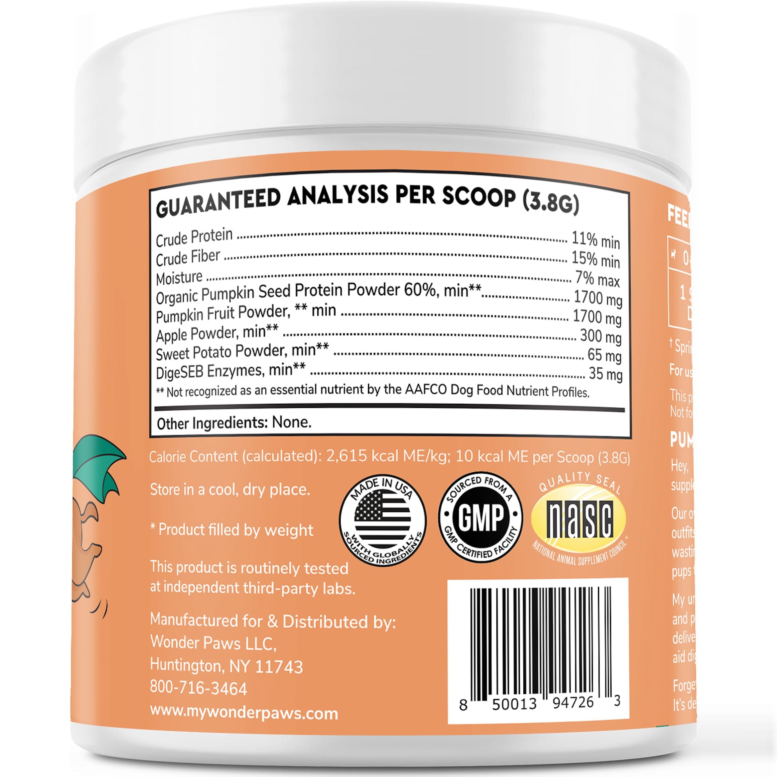 Close-up of Wonder Paws Organic Pumpkin powder texture and organic ingredients.