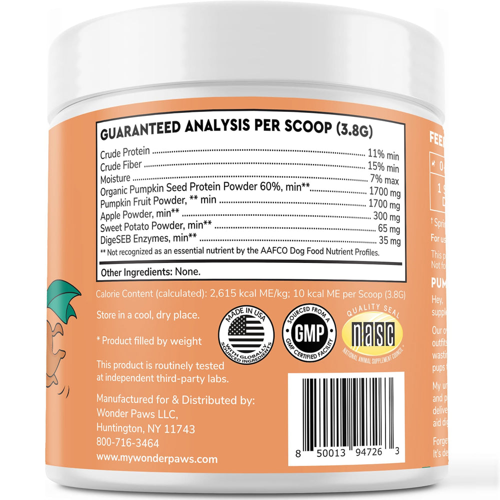 Close-up of Wonder Paws Organic Pumpkin powder texture and organic ingredients.