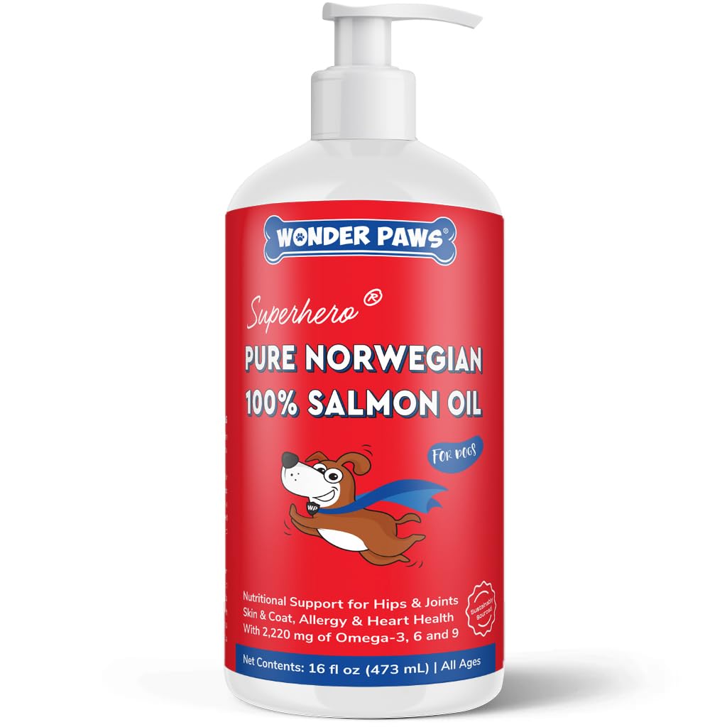 Wonder Paws Premium Salmon Oil bottle pour shows easy daily dosing for dogs