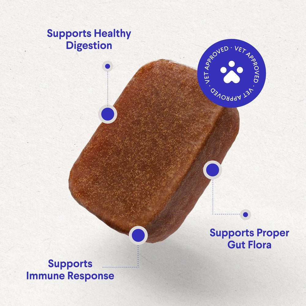 Wonder Paws Probiotics prebiotic fiber diagram highlighting FOS support for gut microbes