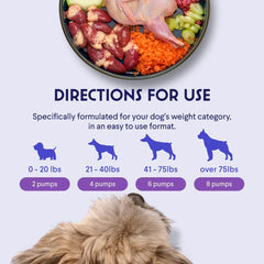 Dog enjoying kibble topped with Wonder Paws salmon oil.