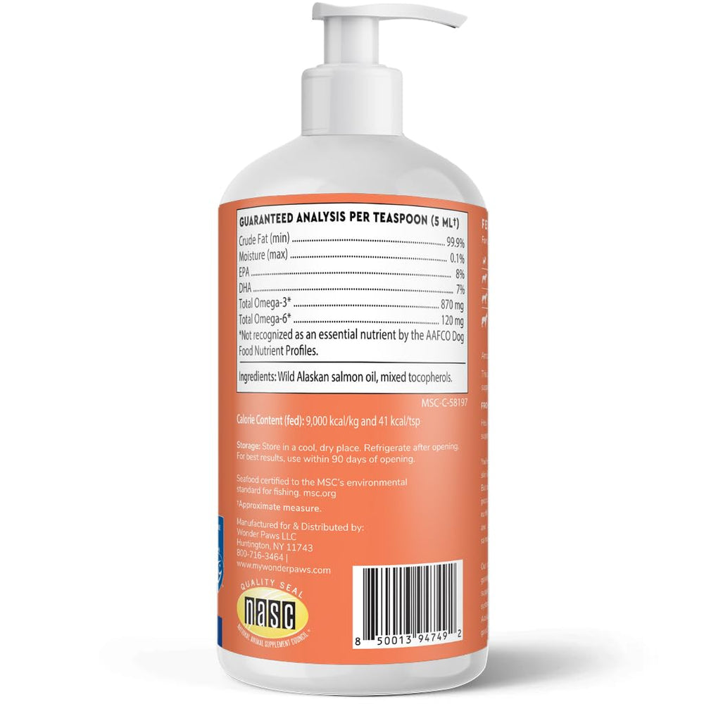 Wonder Paws sockeye omega-3 oil promoting dog wellness.