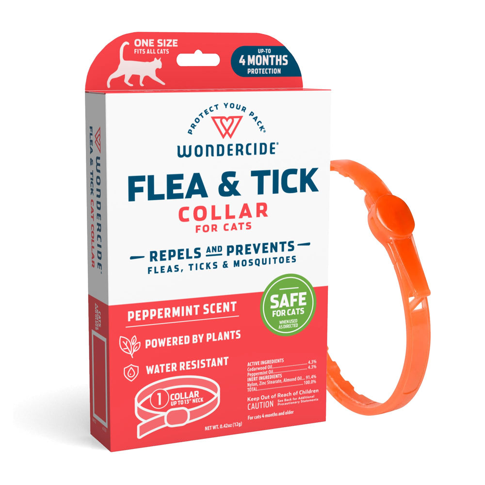 Wondercide Cat Collar with peppermint scent repels fleas and ticks for cats.