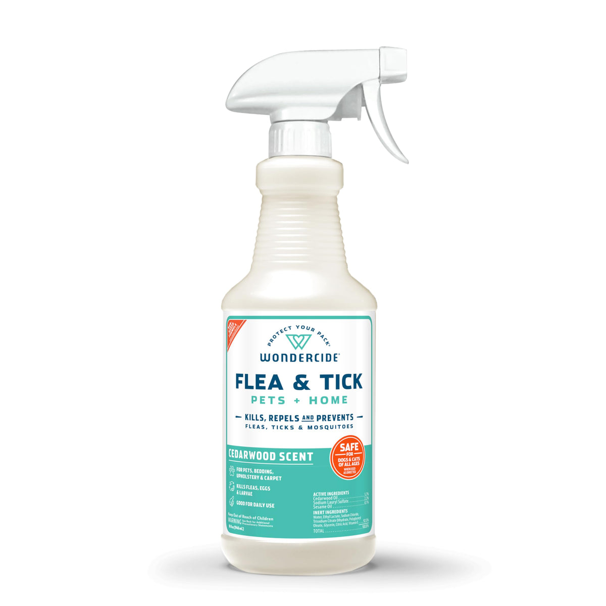 Wondercide cedar spray bottle on a pet showing pest protection with natural oils