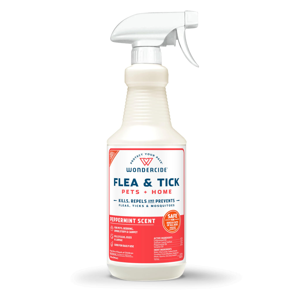 Wondercide flea tick spray bottle shows a plant-powered pest shield for pets.