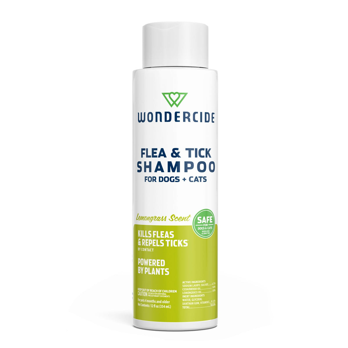 Wondercide flea-tick shampoo bottle shows plant-powered formula for safe pet care.