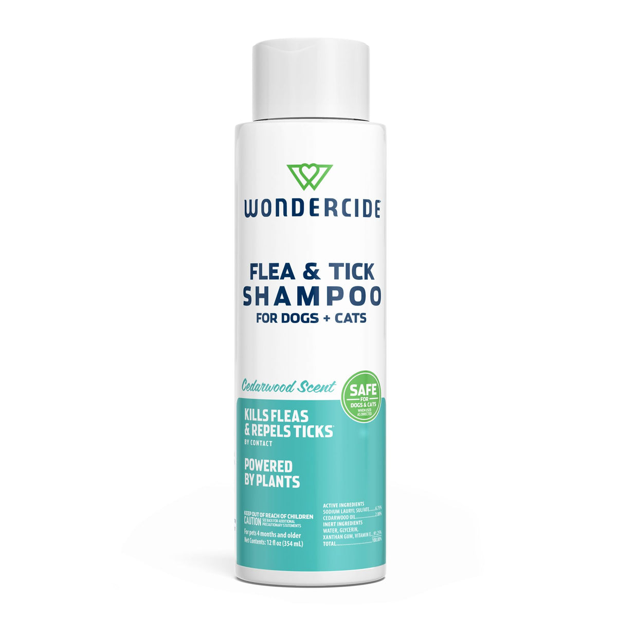 Wondercide flea and tick shampoo bottle pour for easy pet application.