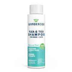 Wondercide flea and tick shampoo bottle pour for easy pet application.