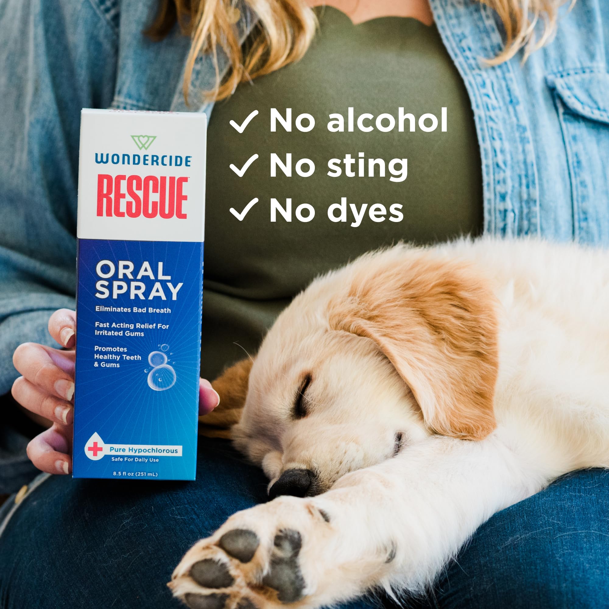 Wondercide Rescue alcohol-free, rinse-free solution for easy use.