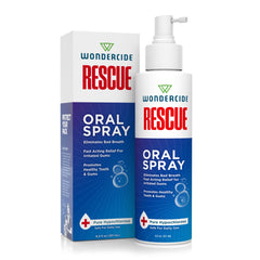 Wondercide Rescue Oral Spray bottle close-up showing fresh breath benefits.