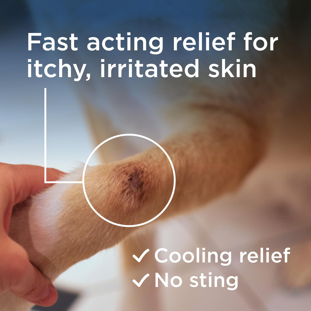 Wondercide Rescue Skin Spray applied to a dog's paw for itching relief.