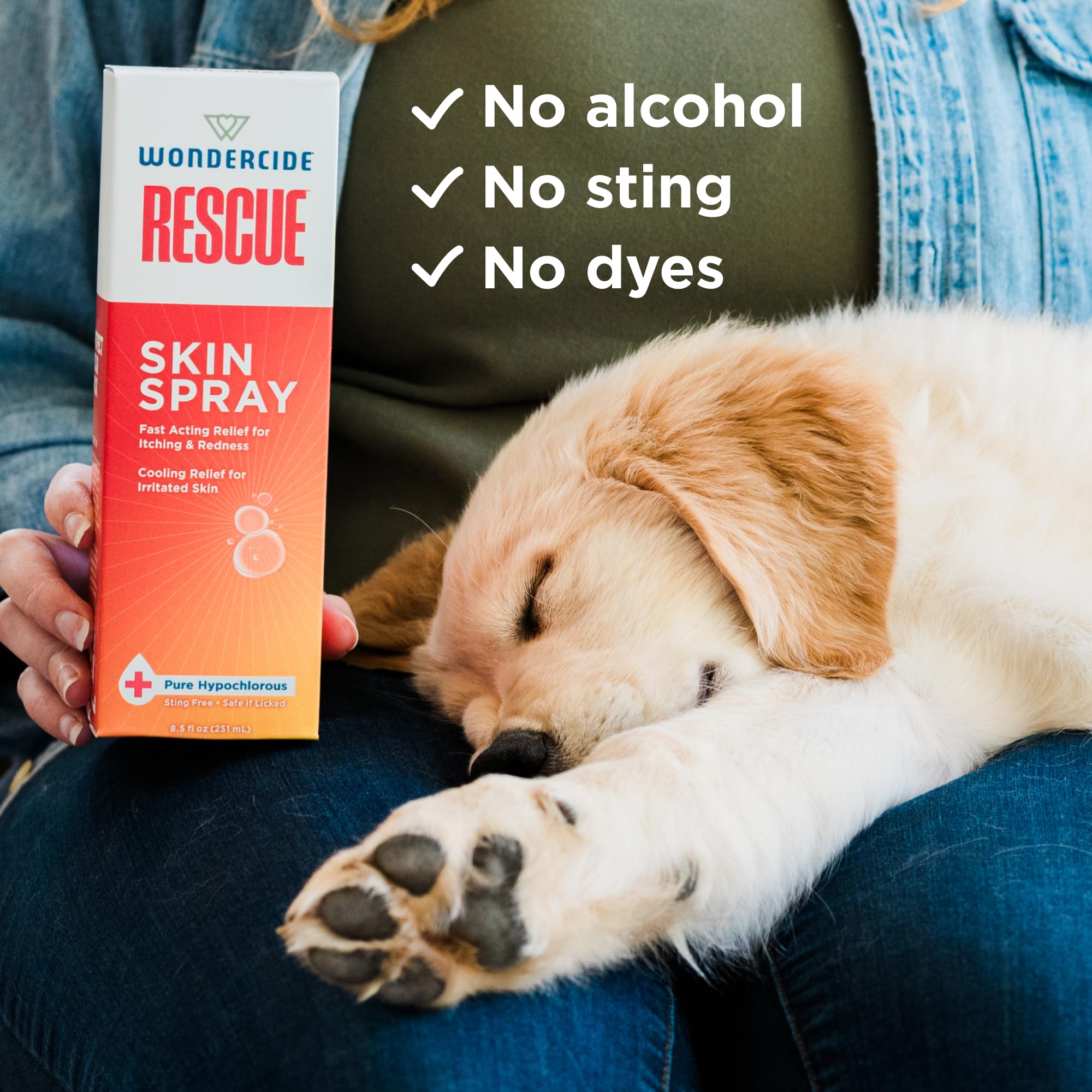 Wondercide Rescue Skin Spray near eyes and ears with safe use guidance.