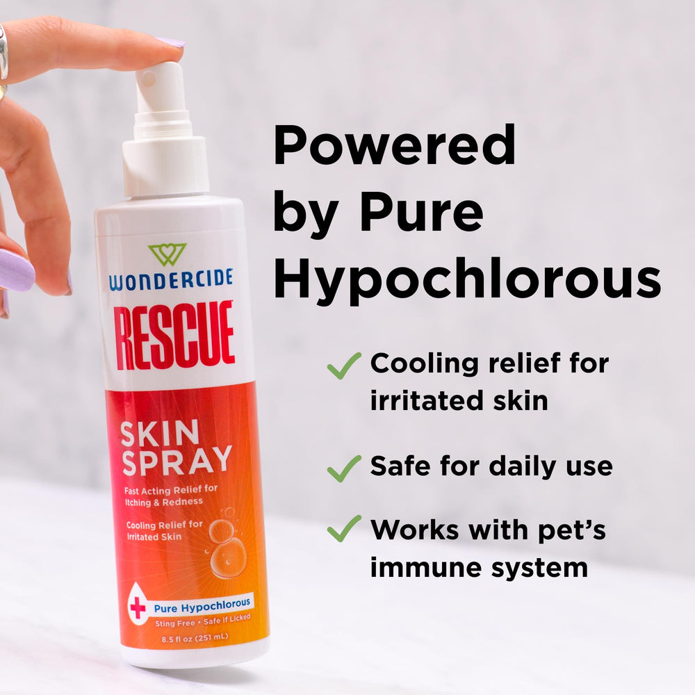 Wondercide Rescue Skin Spray on legs and stomach for comfort.