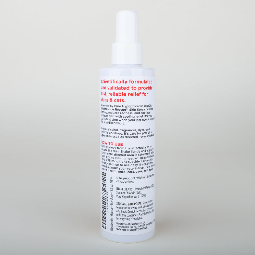 Wondercide Rescue Skin Spray packaging shown in a USA facility context.