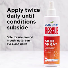 Wondercide Rescue Skin Spray on a dog coat for soothing support.