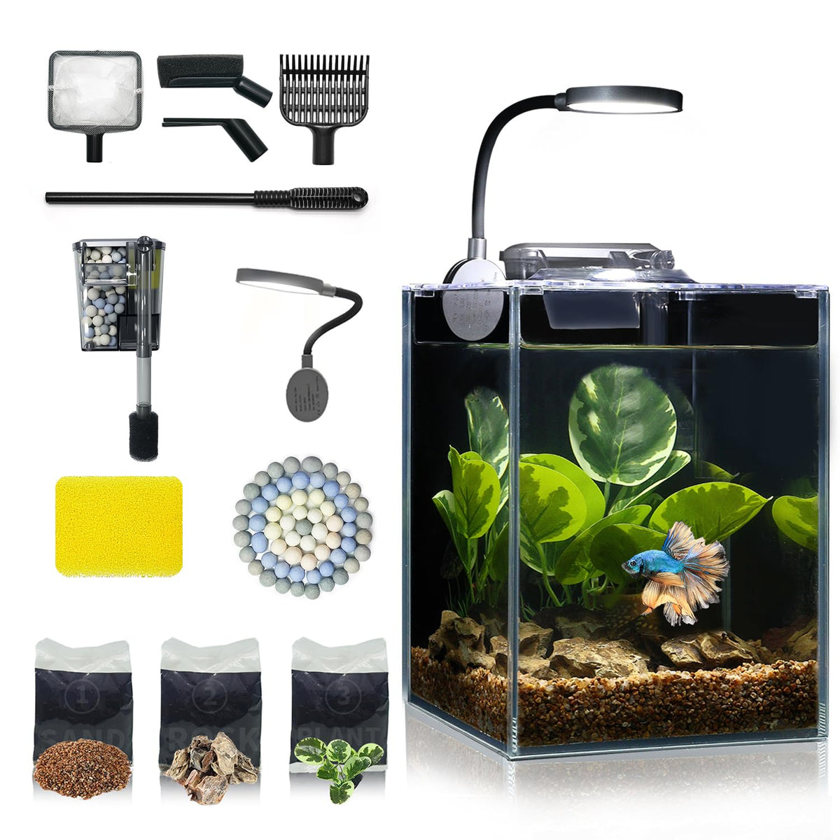 Wonderfactory desktop aquarium 1.25 gallon tank shown as a compact centerpiece for home or office.