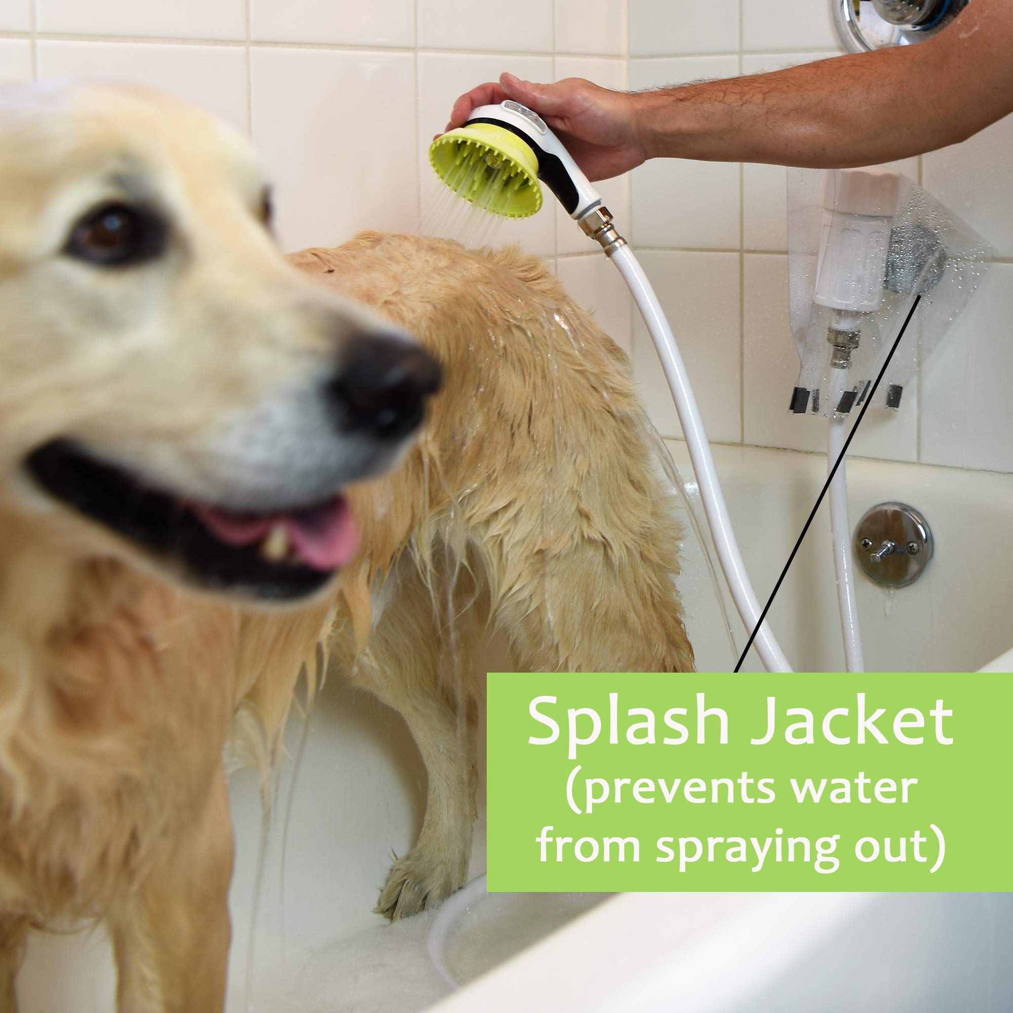Wondurdog splash jacket wrap confines spray around tub.