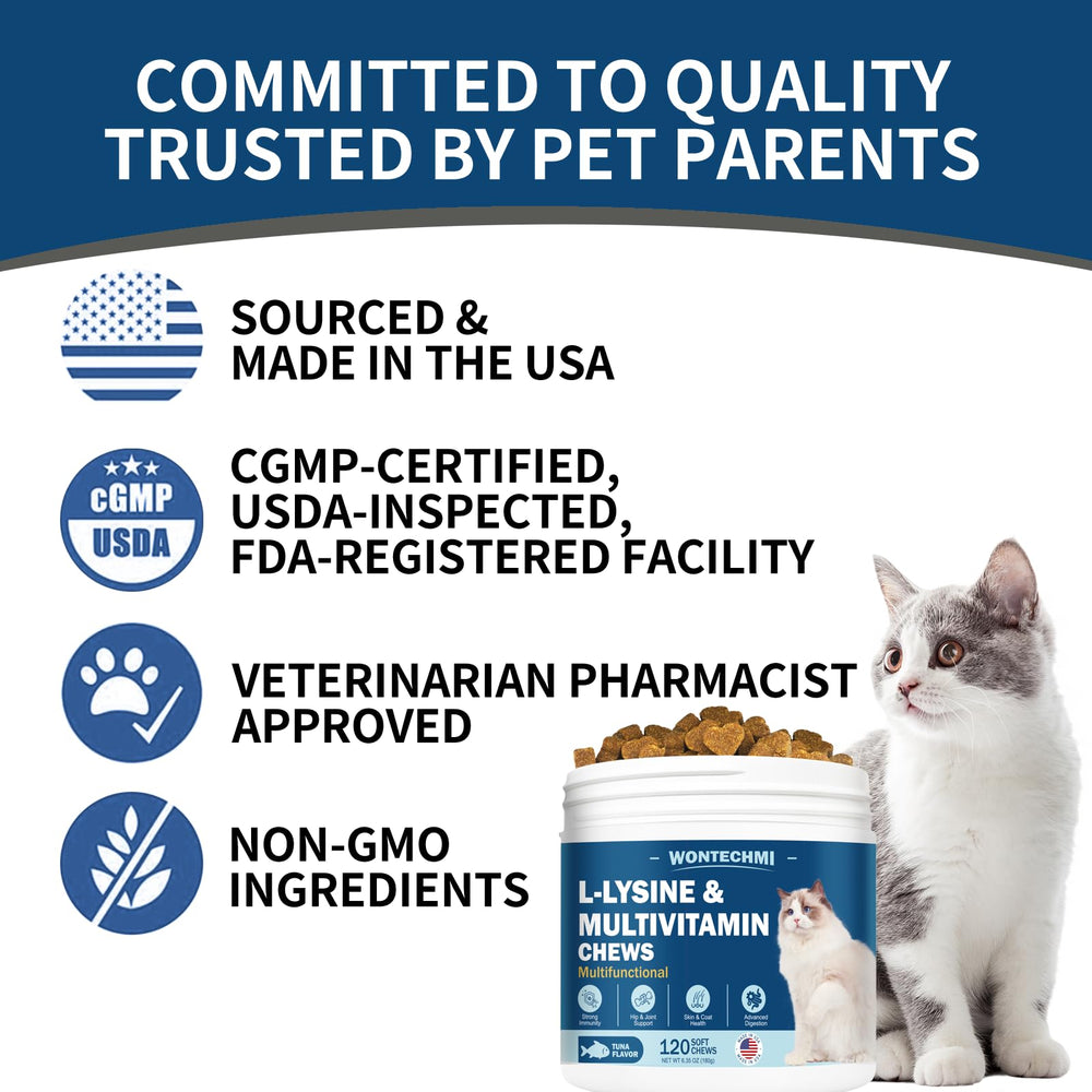 WONTECHMI L-Lysine cat treats ingredients show non-GMO and filler-free formula.