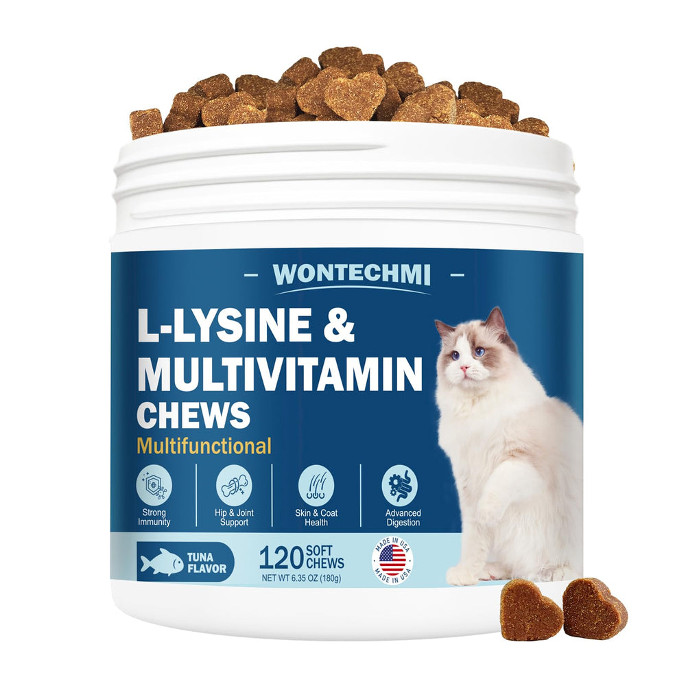 WONTECHMI L-Lysine cat bottle with tuna chews for immune support.