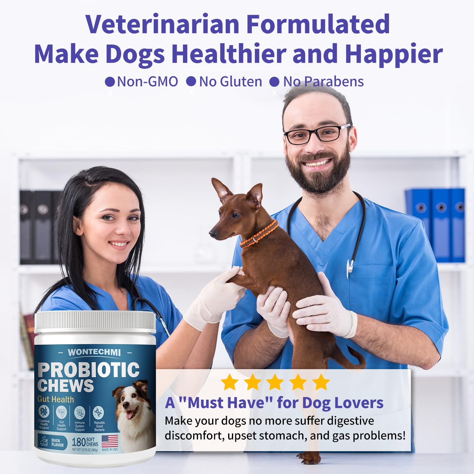 WONTECHMI dog probiotics, happy healthy dog enjoying a chew.